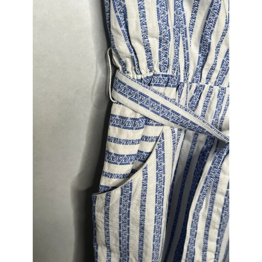 Merona Dress Women Size Small Blue White Striped Belted Pockets Cap Sleeve